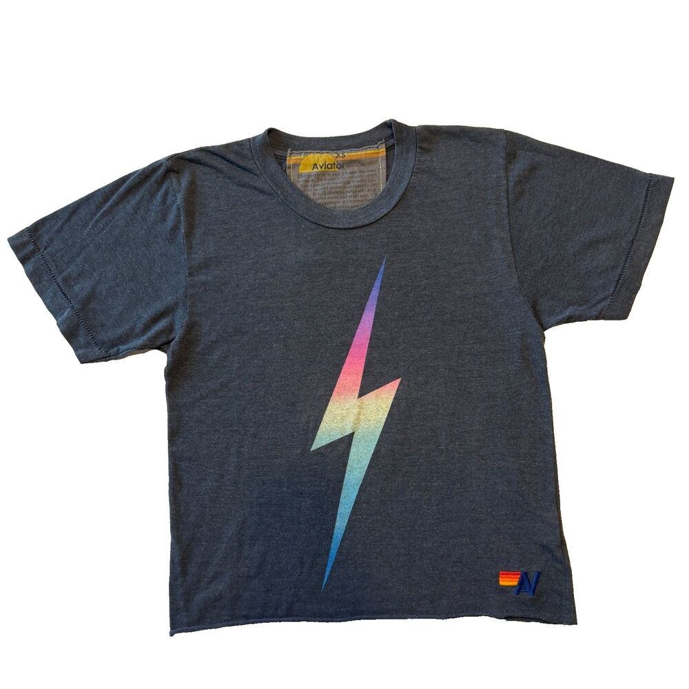 Aviator Nation Women's XS Lightning Bolt Boyfriend Tee T-Shirt Rainbow Pink